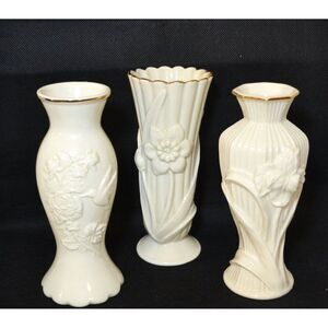 Set Of 3 Lenox Vases White With Gold-Tone Trim Top Floral Designs Birds